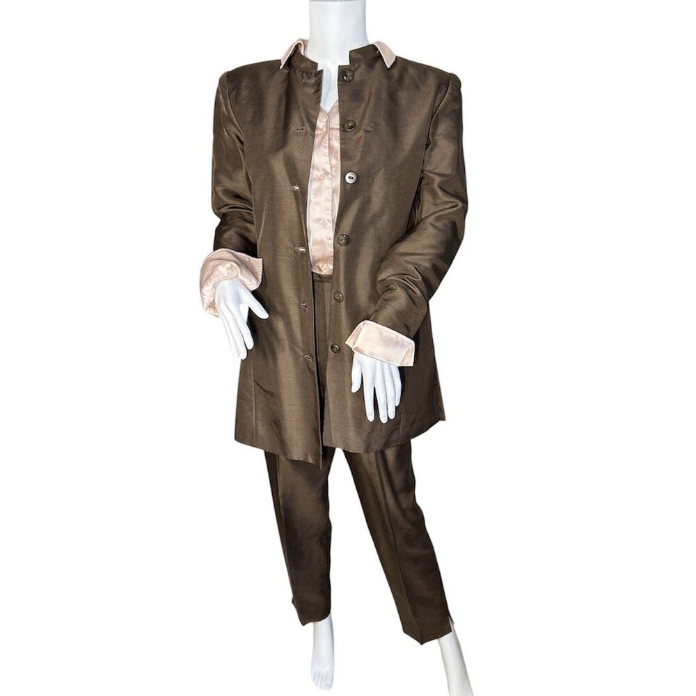 Vintage Travis Ayers Women’s Chocolate Brown 100% Dupioni Silk Pant Suit Size 8